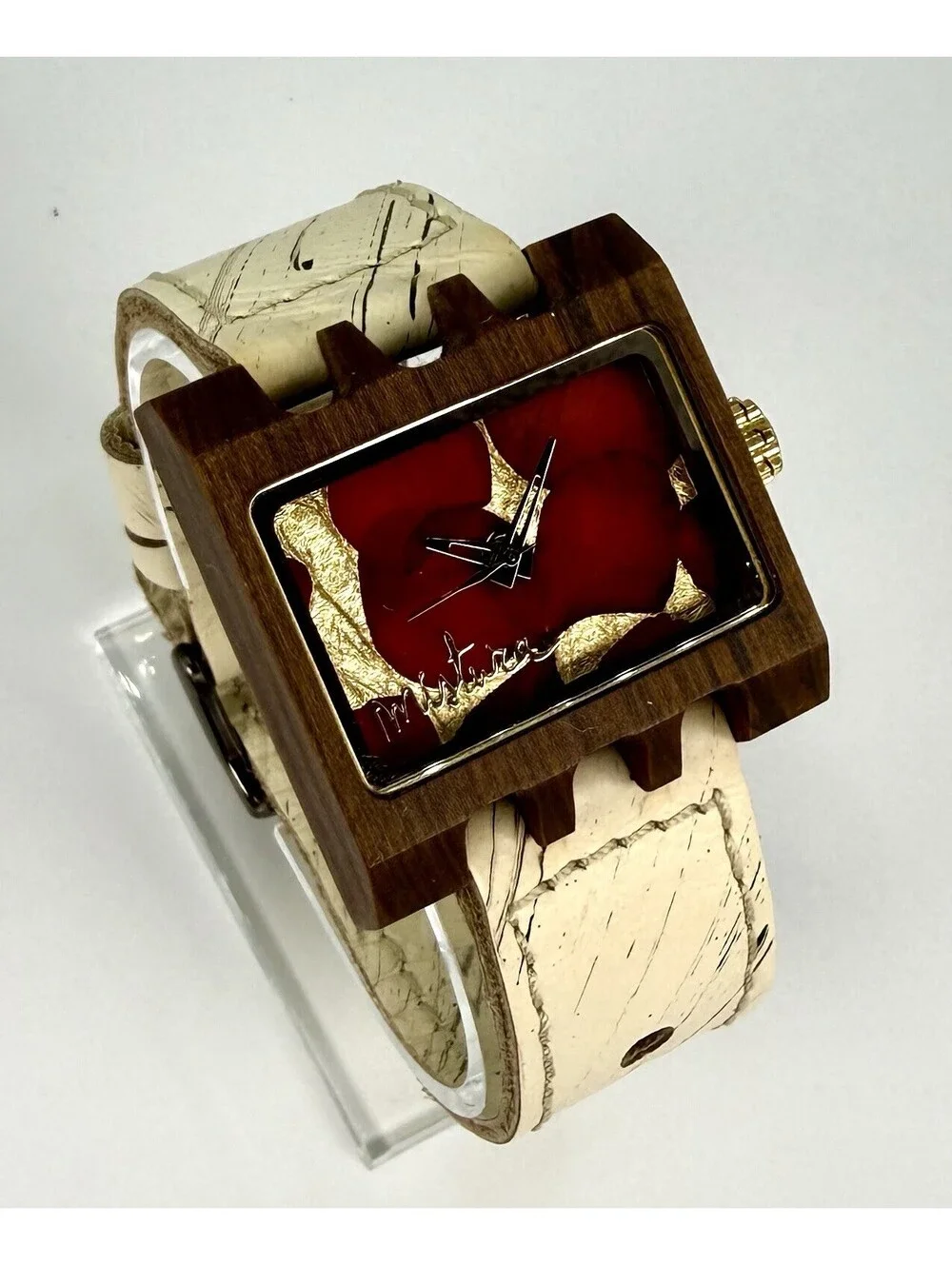 Mistura Wooden Watch Red Dial Birch Leather Strap Japan Movement Working